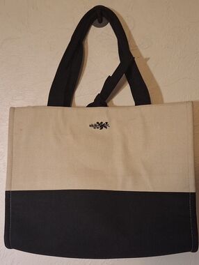 Laura Ashley Cotton Canvas Beige And Black Tie Top Double Handle Tote Bag 15"